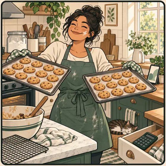 The baker grins, holding two full trays of cookies, the calculator pushed into a drawer.