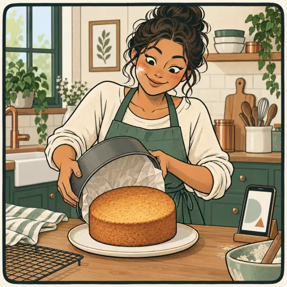 A perfect cake slides cleanly out of its tin, with the recipe open on a phone nearby.