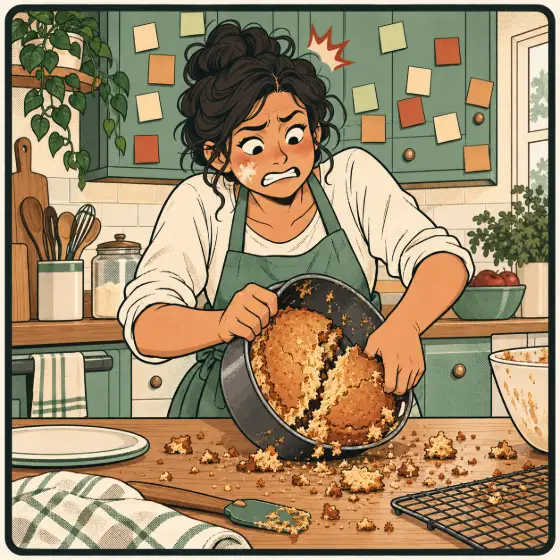 A baker pulls a broken cake out of a tin, with sticky notes all over the wall behind her.