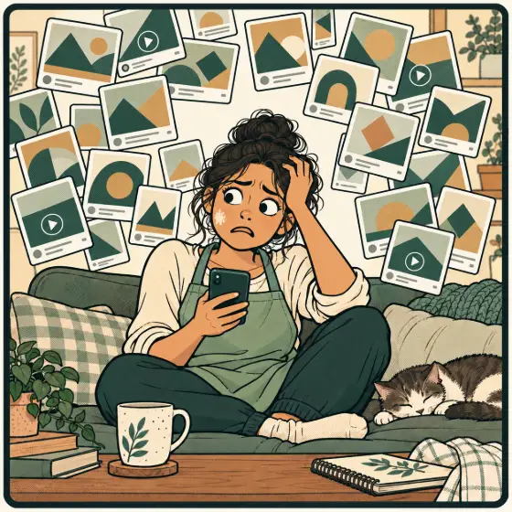 A baker on the sofa, overwhelmed by a cloud of screenshots and saved videos.