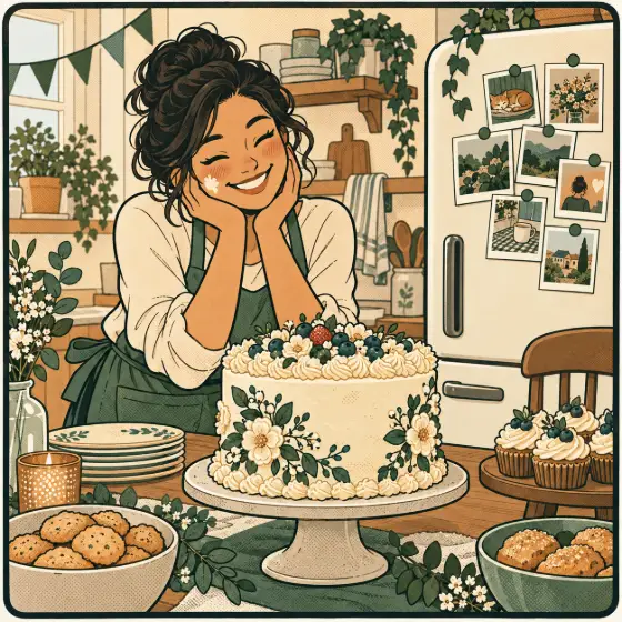 The baker beams beside a beautifully decorated floral cake, with idea pictures pinned to the fridge.