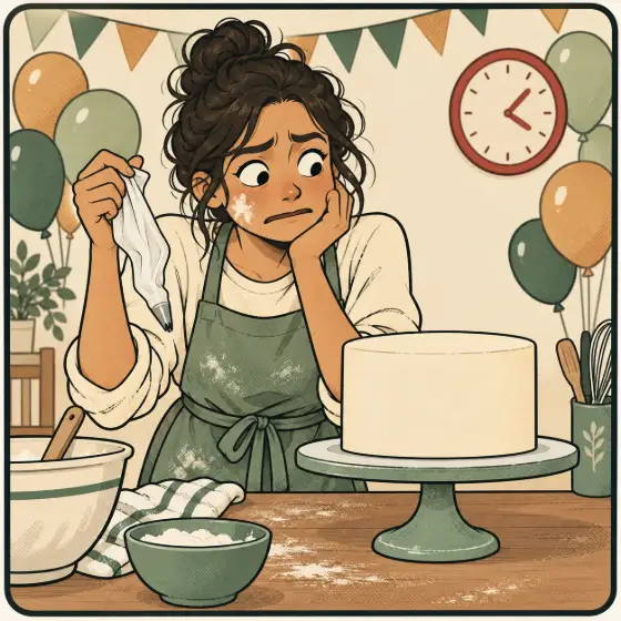 A worried baker stares at a plain white cake under party bunting and balloons.