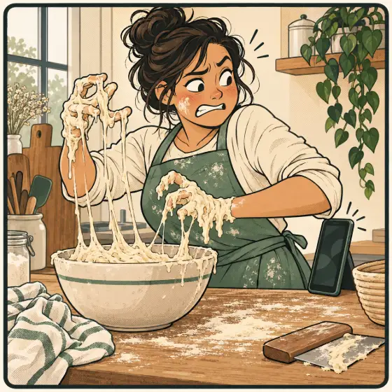 A baker with sticky dough all over her hands grimaces at a locked phone.