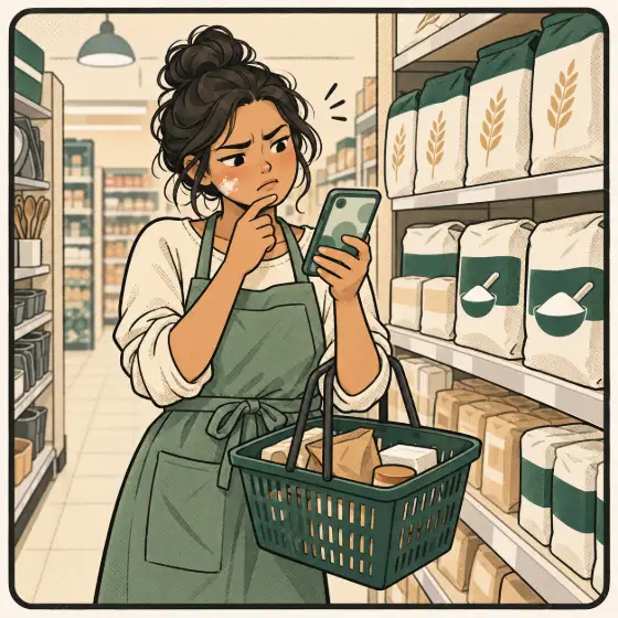 In a supermarket aisle, a baker frowns at her phone with a half-empty basket.