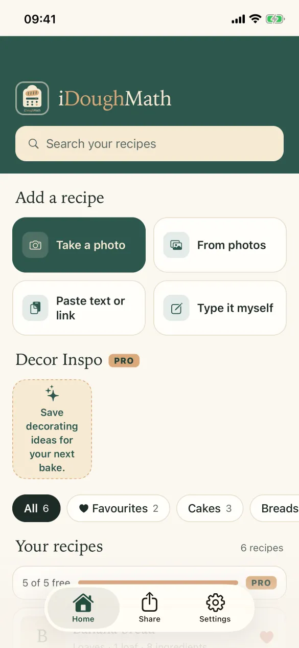 iDoughMath home screen with four ways to add a recipe: Take a photo, From photos, Paste text or link, and Type it myself.